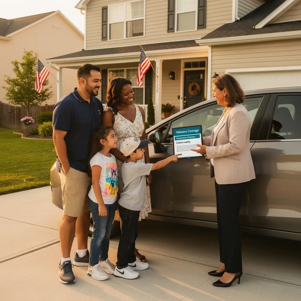 Kobieta rozmawia z agentem ubezpieczeniowym, z dokumentami dotyczącymi polisy ubezpieczeniowej na stole.