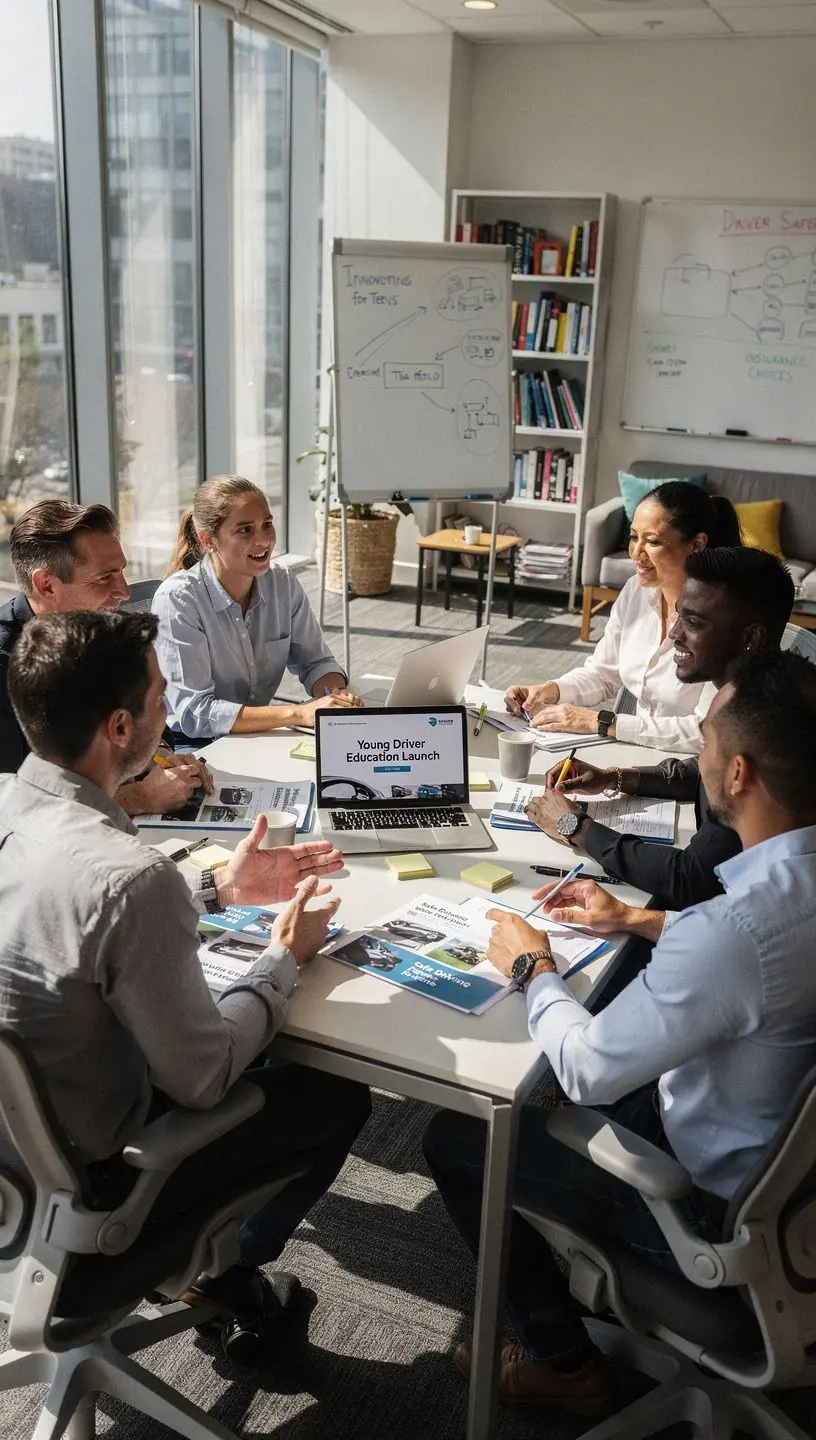 Rodzina w samochodzie, uśmiechnięta, korzystająca z usług ubezpieczenia, z logo firmy ubezpieczeniowej w tle.